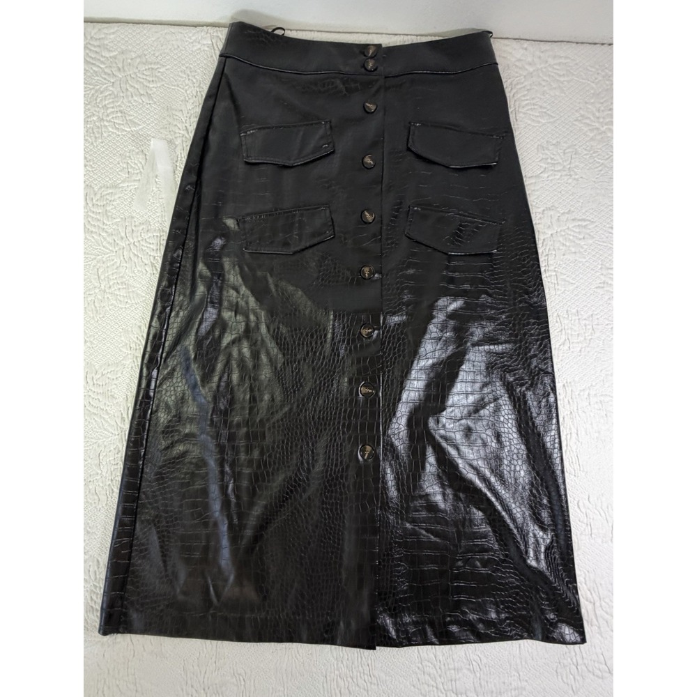 Mare Mare x Anthropologie Black Croc Embossed Faux Leather Midi Skirt Utility L